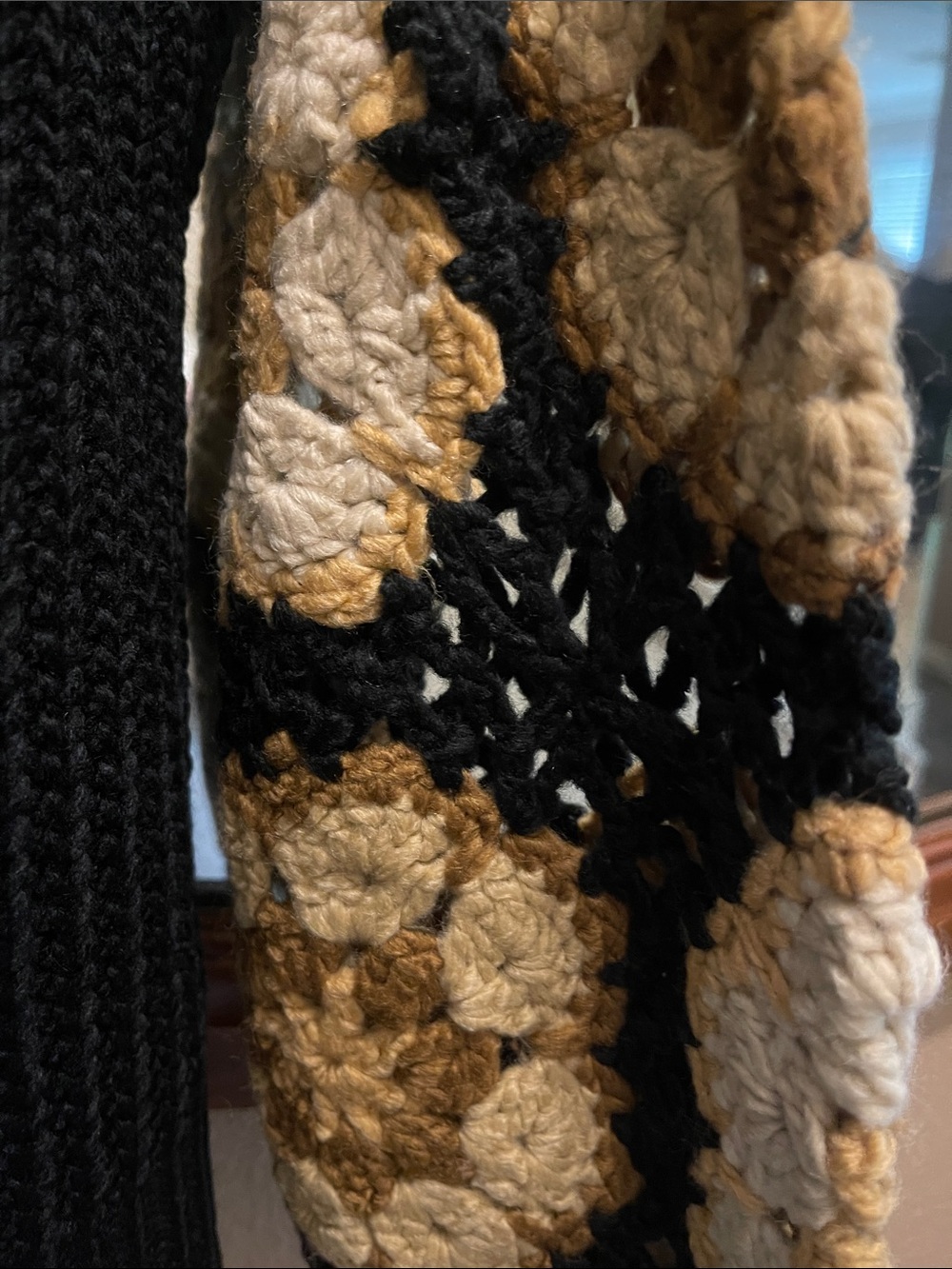 ADORA Black Cardigan with Cream and Brown Crochet Sleeve Accents - Picture 7 of 8